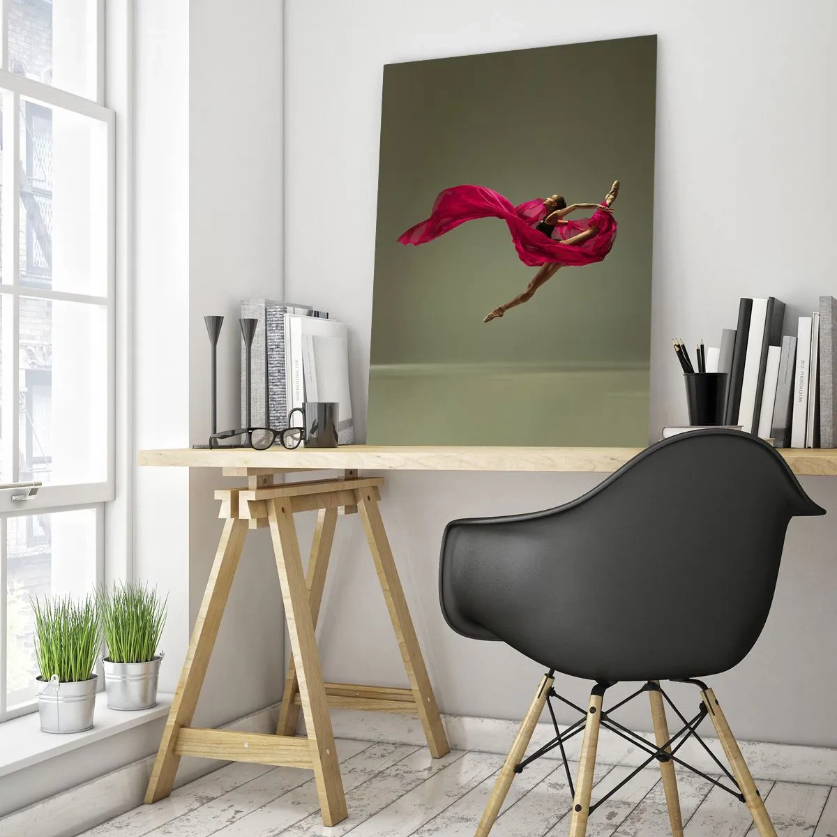 Quadro su vetro - Una ballerina in volo con un tessuto fucsia fluente - 50x70cm - Fiamma danzante - Decorazione murale moderna per soggiorno e camera da letto ARTTOR
