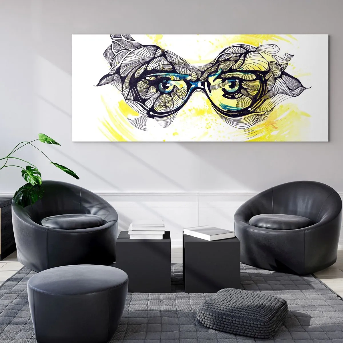 Quadro su vetro - Grafica artistica di occhiali con occhi espressivi - 120x50cm - Attraverso gli occhiali blu - Decorazione murale moderna per soggiorno e camera da letto ARTTOR
