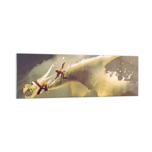 Quadro su vetro - Illustrazione di un cavaliere di draghi in un paesaggio fantasy nuvoloso - 160x50cm - Per salvare il mondo - Decorazione murale moderna per soggiorno e camera da letto ARTTOR