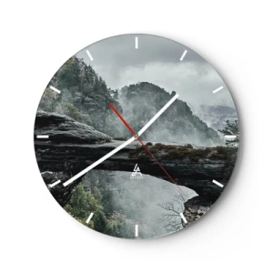 Orologio da parete - Orologio in Vetro - Paesaggio montano nebbioso con un ponte di roccia naturale - 30x30cm - Qui inizia l'avventura - Decorazione murale moderna per soggiorno, cucina e camera da letto ARTTOR