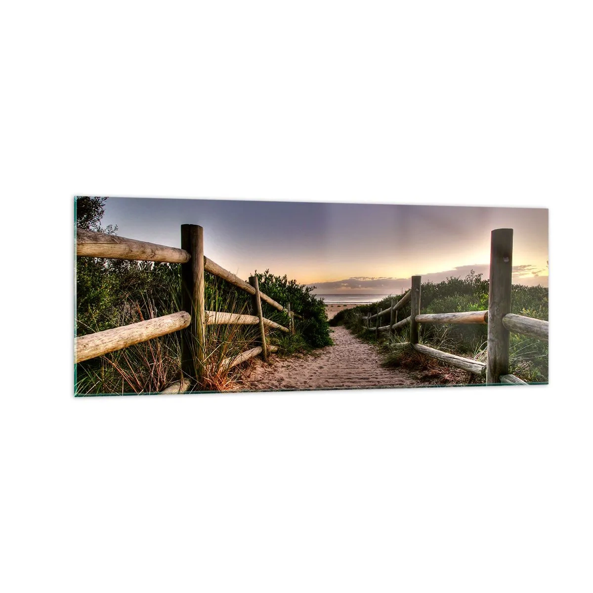 Quadro su vetro - Sentiero in legno tra le dune che conduce alla spiaggia al tramonto - 140x50cm - Già si vede la meta - Decorazione murale moderna per soggiorno e camera da letto ARTTOR