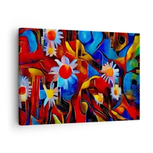 Quadro su tela - Stampe su Tela - Fiori astratti su uno sfondo di motivi geometrici - 70x50cm - I colori della vita - Decorazione murale moderna per soggiorno e camera da letto ARTTOR