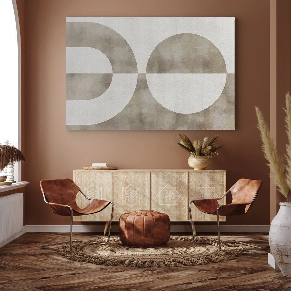 Quadro su tela - Stampe su Tela - Un dipinto astratto nei toni del beige con forme geometriche e simmetria. - 100x70cm - Analogie e differenze - Decorazione murale moderna per soggiorno e camera da letto ARTTOR