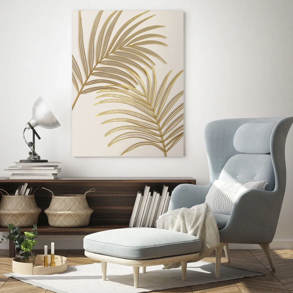 Quadro su vetro - Foglie di palma dorate su sfondo chiaro - 50x70cm - Palma d'oro! - Decorazione murale moderna per soggiorno e camera da letto ARTTOR
