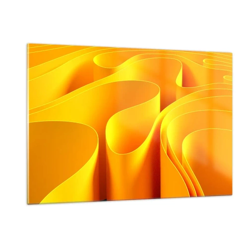Quadro su vetro - Onde astratte nei toni dell'oro e dell'arancione - 120x80cm - Come onde di sole - Decorazione murale moderna per soggiorno e camera da letto ARTTOR