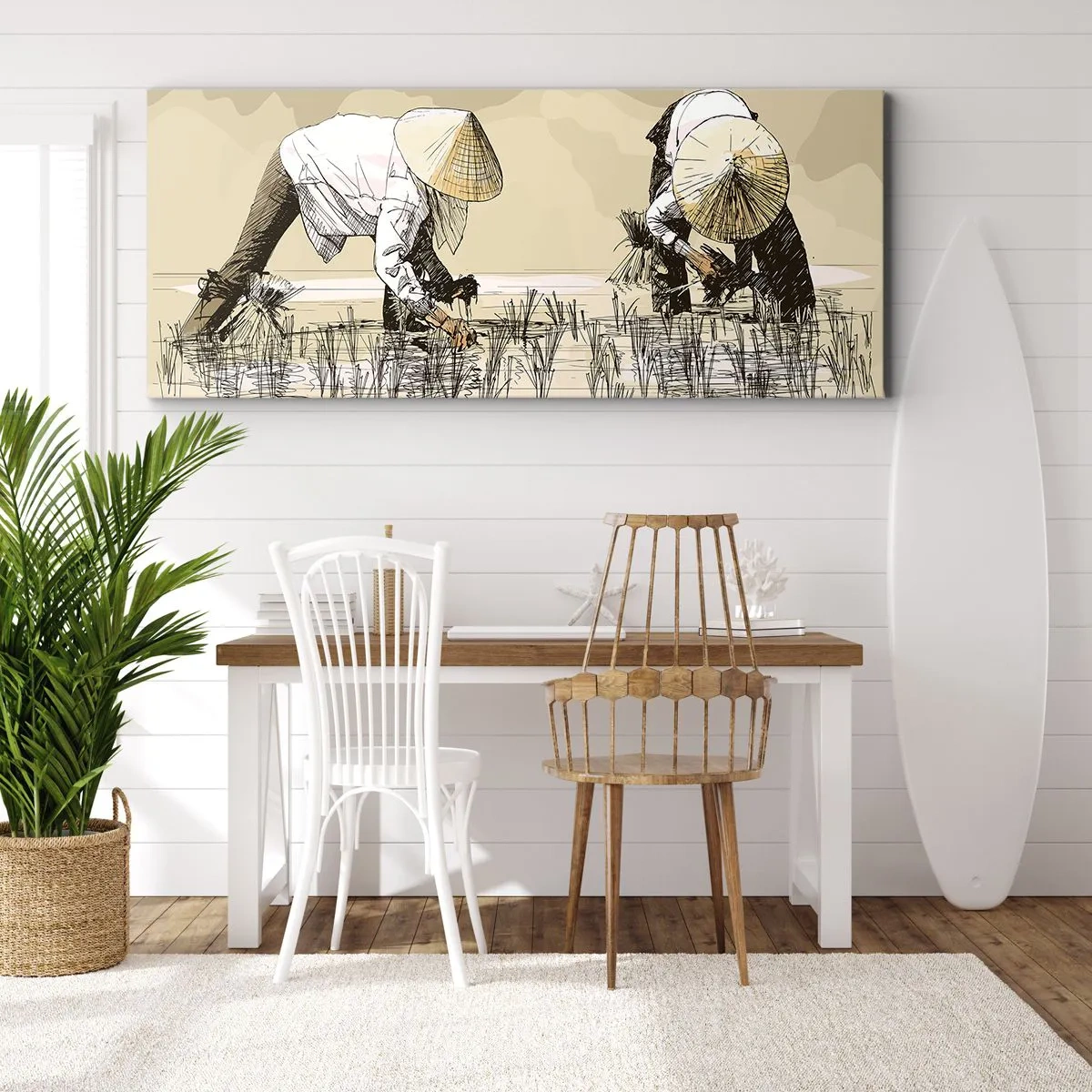 Quadro su tela - Stampe su Tela - Contadini che lavorano in una risaia indossando copricapi tradizionali - 160x50cm - Buon raccolto - Decorazione murale moderna per soggiorno e camera da letto ARTTOR