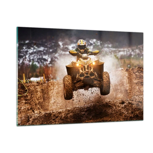 Quadro su vetro - Quad in azione su terreni fangosi in un ambiente dinamico - 120x80cm - No risk no fun - Decorazione murale moderna per soggiorno e camera da letto ARTTOR
