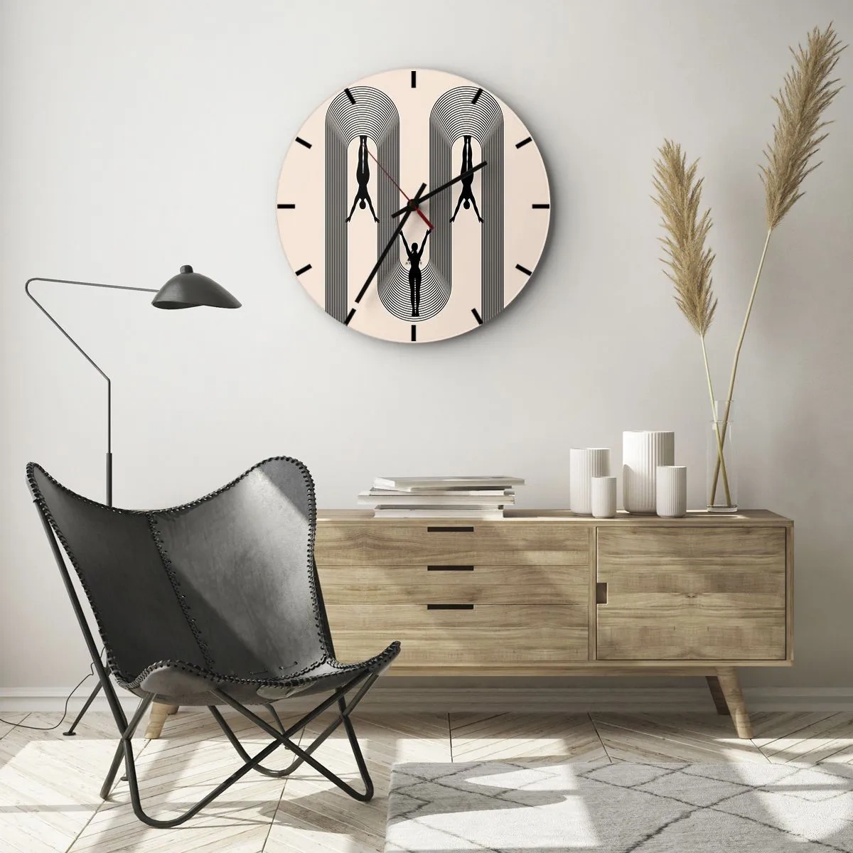 Orologio da parete - Orologio in Vetro - Sagome nere di figure in movimento tra archi geometrici - 30x30cm - Sottosopra - Decorazione murale moderna per soggiorno, cucina e camera da letto ARTTOR