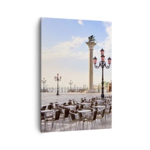 Quadro su tela - Stampe su Tela - Venezia, veduta della piazza con colonne e tavolini dei caffè - 70x100cm - Venite a tavola - Decorazione murale moderna per soggiorno e camera da letto ARTTOR