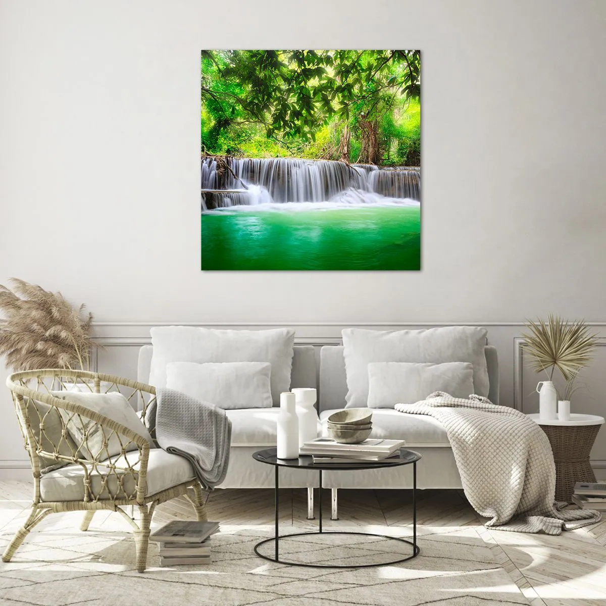 Quadro su vetro - Cascata nel verde - 50x50 cm