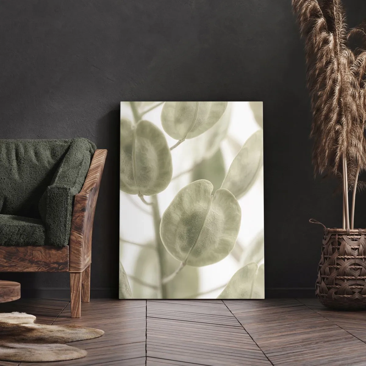 Quadro su tela - Stampe su Tela - Un delicato dipinto di foglie in tonalità pastello di verde su uno sfondo chiaro. - 50x70cm - All'inizio vi erano le foglie... - Decorazione murale moderna per soggiorno e camera da letto ARTTOR