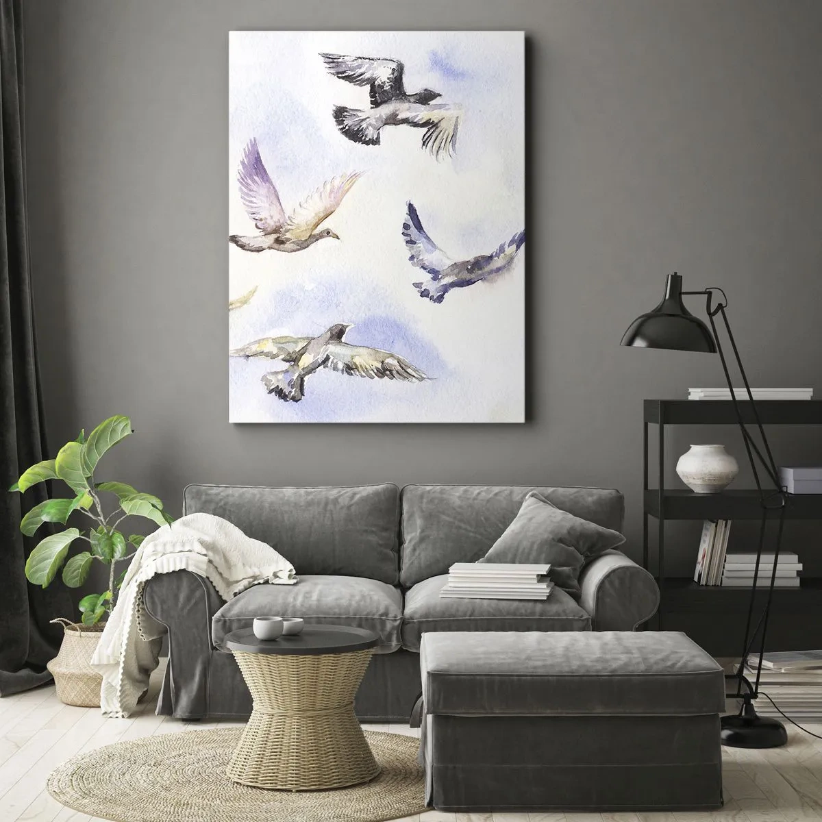 Quadro su tela - Stampe su Tela - Uccelli acquerellati in volo contro un cielo delicato - 50x70cm - Libertà in grigio e blu - Decorazione murale moderna per soggiorno e camera da letto ARTTOR