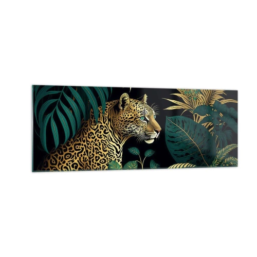Quadro su vetro - Leopardo tra foglie tropicali su sfondo nero - 140x50cm - Il signore della giungla - Decorazione murale moderna per soggiorno e camera da letto ARTTOR