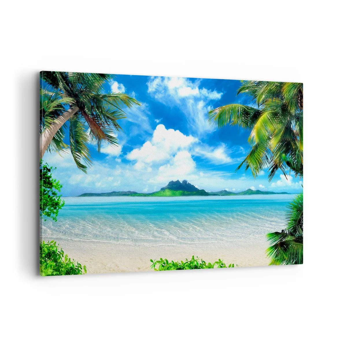 Quadro su tela - Stampe su Tela - Spiaggia tropicale con palme e vista sull'isola - 120x80cm - L'azzurro dei tropici - Decorazione murale moderna per soggiorno e camera da letto ARTTOR
