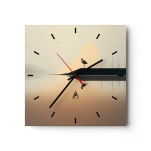 Orologio da parete - Orologio in Vetro - Un uccello su un'isola in un lago calmo con tonalità calde - 30x30cm - Il signore del lago - Decorazione murale moderna per soggiorno e camera da letto ARTTOR