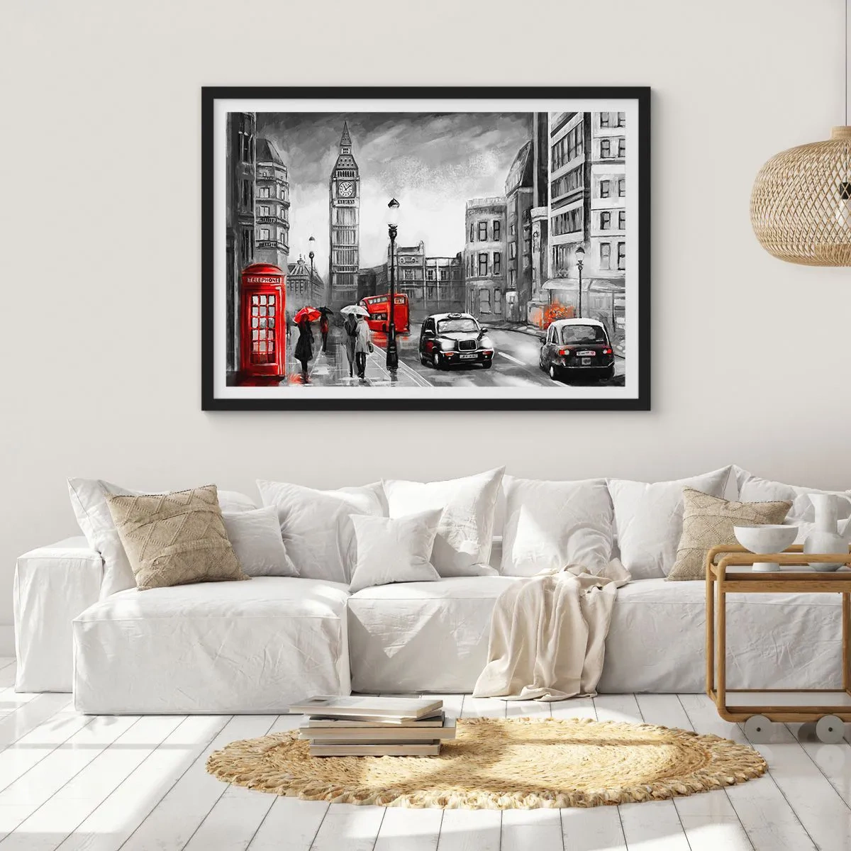 Poster in cornice nera - Una scena di Londra in bianco e nero con accenti rossi - 70x50cm - Una città per niente grigia - Decorazione murale moderna per soggiorno e camera da letto ARTTOR
