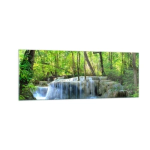 Quadro su vetro - Una cascata tra alberi verdi con acqua blu in un ambiente naturale - 140x50cm - Annegare nel turchese e nel verde - Decorazione murale moderna per soggiorno e camera da letto ARTTOR