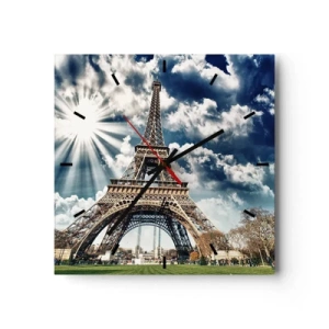 Orologio da parete - Orologio in Vetro - La Torre Eiffel contro un cielo soleggiato con nuvole - 30x30cm - Unica al mondo - Decorazione murale moderna per soggiorno e camera da letto ARTTOR