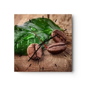 Orologio da parete - Orologio in Vetro - Chicchi di caffè e foglia verde su uno sfondo di legno - 30x30cm - Nero e autentico - Decorazione murale moderna per soggiorno e camera da letto ARTTOR