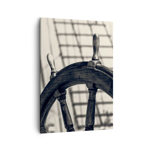 Quadro su tela - Stampe su Tela - Un timone a vela in stile retrò con una nave sullo sfondo - 50x70cm - Racconti del mare - Decorazione murale moderna per soggiorno e camera da letto ARTTOR