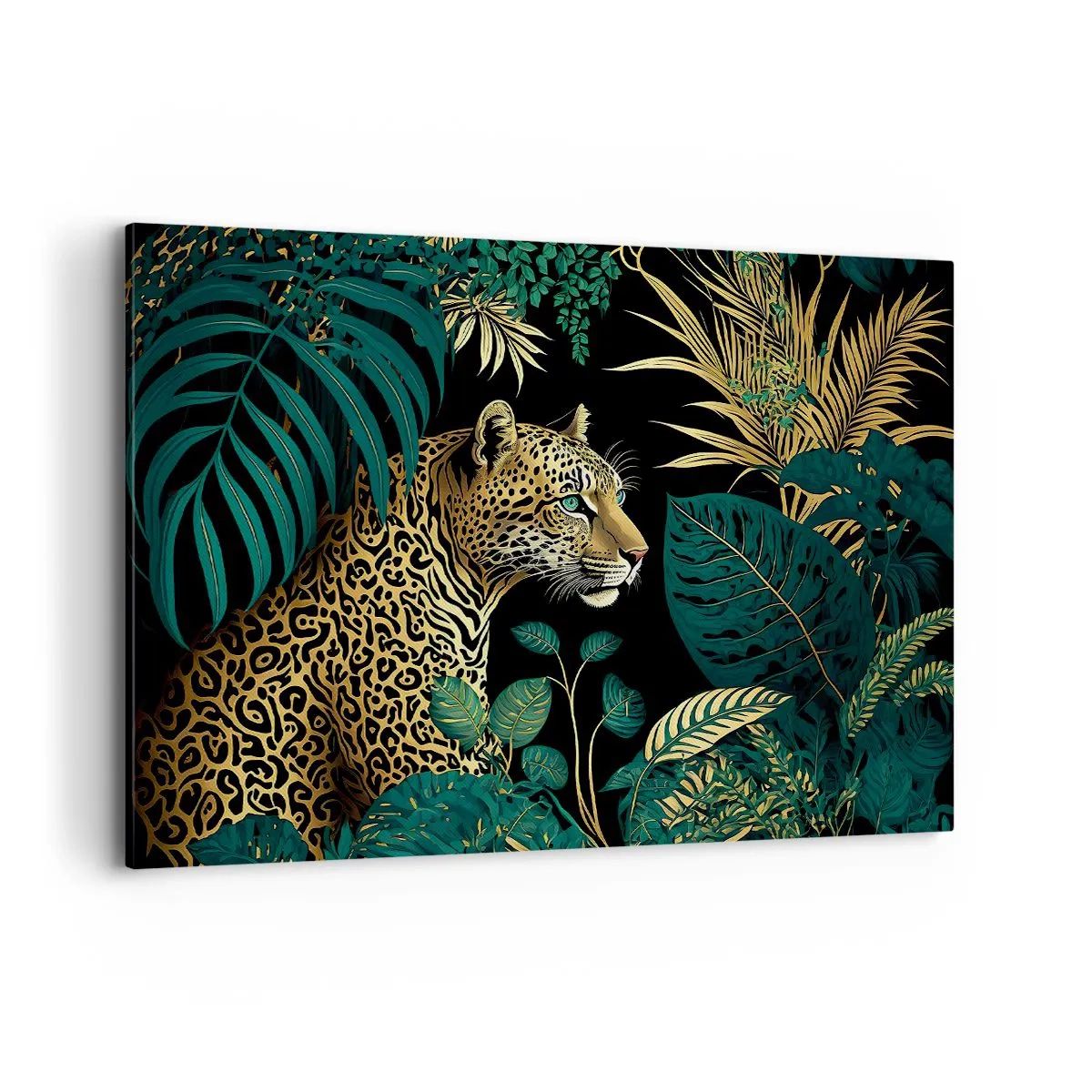 Quadro su tela - Stampe su Tela - Leopardo tra foglie tropicali su sfondo nero - 120x80cm - Il signore della giungla - Decorazione murale moderna per soggiorno e camera da letto ARTTOR