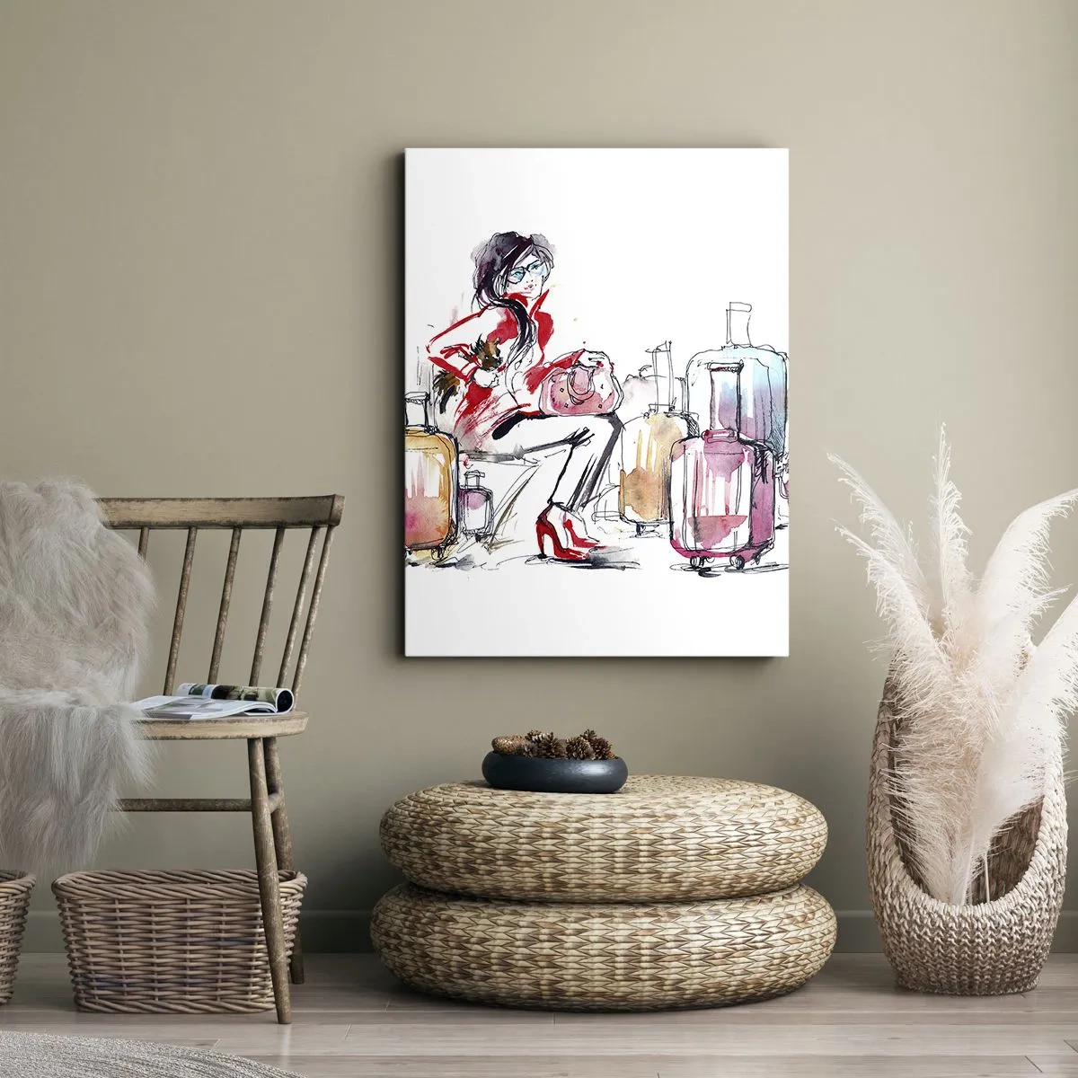 Quadro su tela - Stampe su Tela - Una donna con le valigie in un'illustrazione dinamica ad acquerello - 50x70cm - Sediamoci prima del viaggio - Decorazione murale moderna per soggiorno e camera da letto ARTTOR