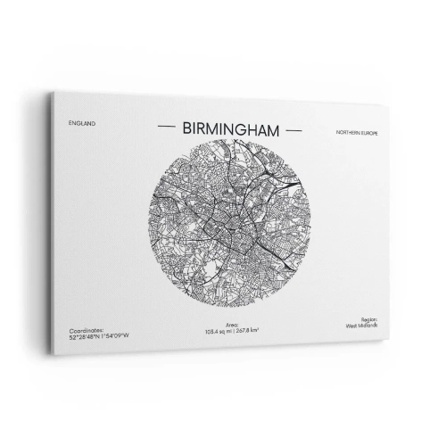 Quadro su tela - Stampe su Tela - Una mappa minimalista in bianco e nero di Birmingham con dettagli precisi. - 100x70cm - Anatomia di Birmingham - Decorazione murale moderna per soggiorno e camera da letto ARTTOR