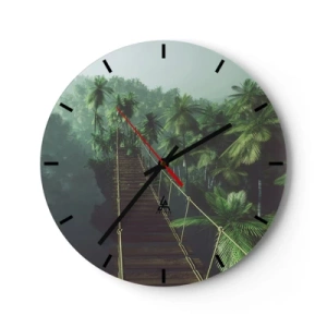 Orologio da parete - Orologio in Vetro - Un ponte sospeso in una foresta tropicale circondato dalla nebbia. - 30x30cm - Nel vortice del verde - Decorazione murale moderna per soggiorno, cucina e camera da letto ARTTOR