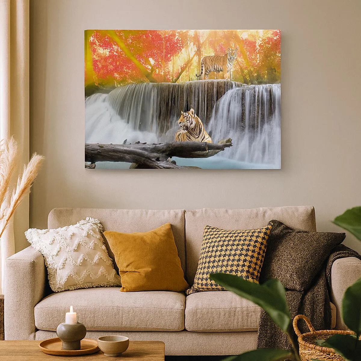Quadro su tela - Stampe su Tela - Tigri presso una cascata nella foresta autunnale - 70x50cm - Paesaggio surreale - Decorazione murale moderna per soggiorno e camera da letto ARTTOR