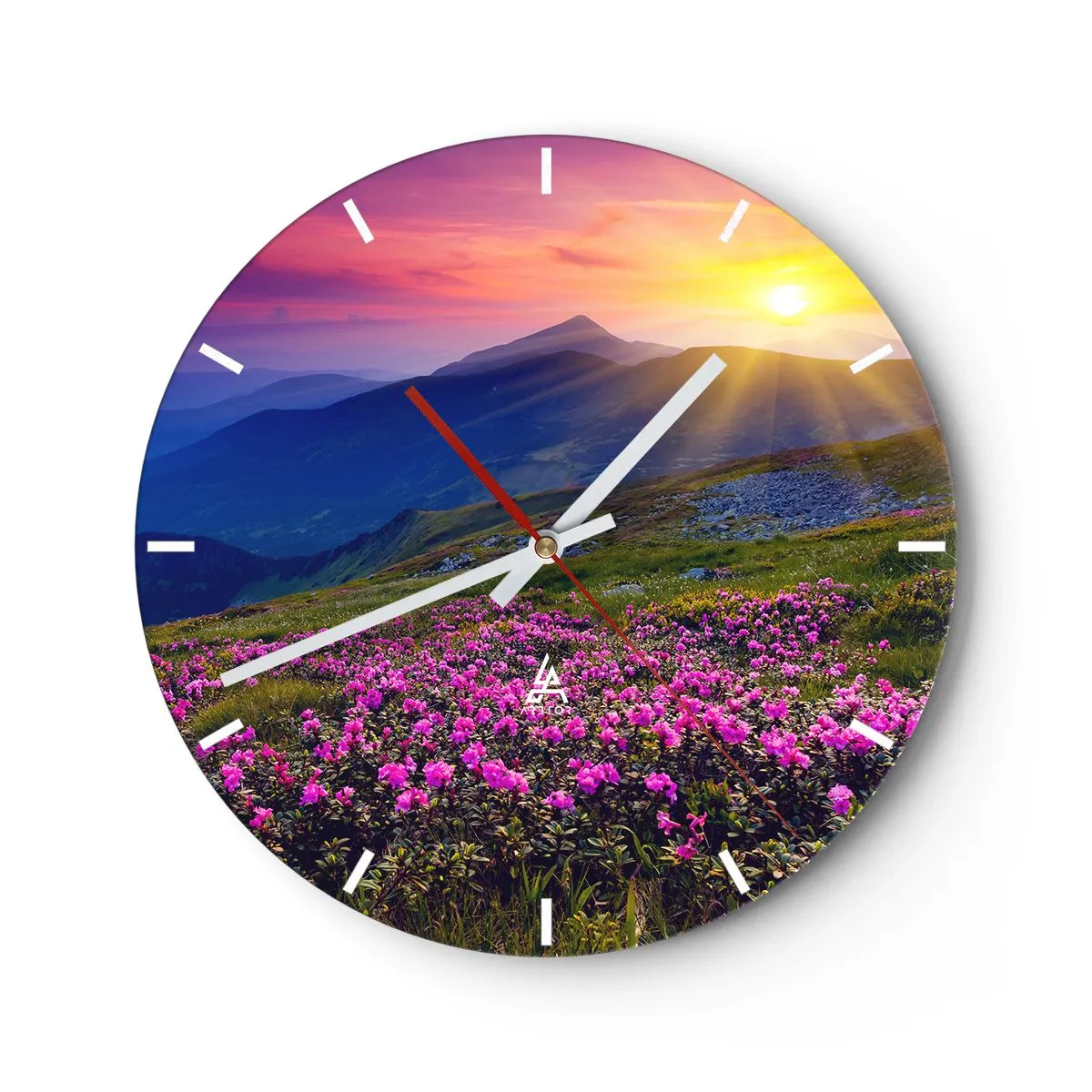 Orologio da parete - Orologio in Vetro - Paesaggio montano al tramonto con fiori in fiore - 30x30cm - Odore di mugo e profumo di erbe - Decorazione murale moderna per soggiorno, cucina e camera da letto ARTTOR
