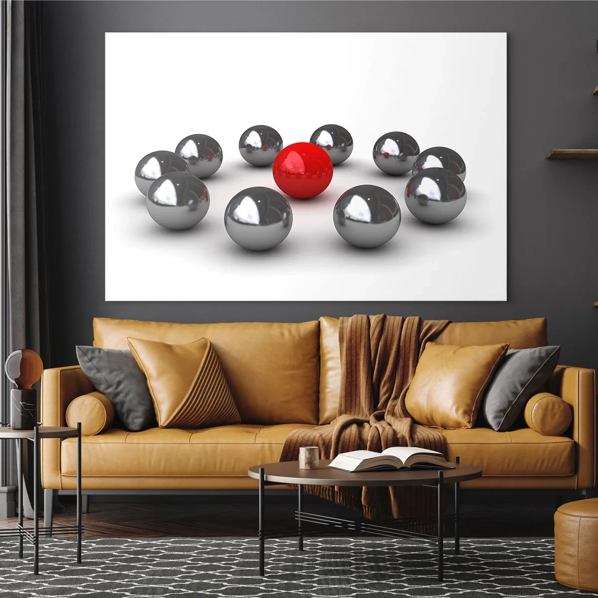 Quadro su vetro - Una palla rossa circondata dall'argento su uno sfondo bianco - 70x50cm - Cerchio in argento e rosso - Decorazione murale moderna per soggiorno e camera da letto ARTTOR