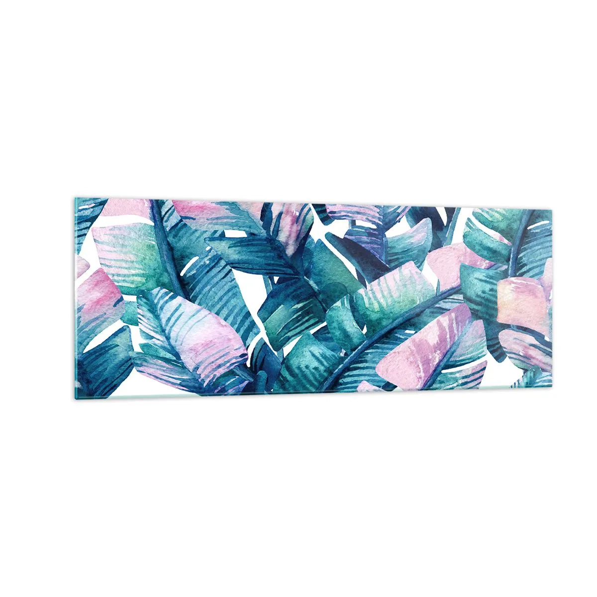 Quadro su vetro - Foglie di banano nelle tonalità del blu e del rosa - 140x50cm - Nel bananeto - Decorazione murale moderna per soggiorno e camera da letto ARTTOR