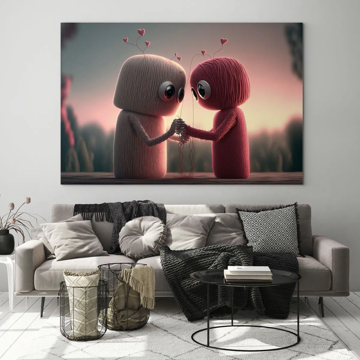 Quadro su vetro - Due figure di filato che si tengono per mano con i cuori - 120x80cm - Ognuno ha diritto ad amare - Decorazione murale moderna per soggiorno e camera da letto ARTTOR