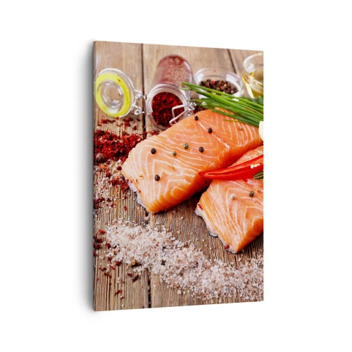 Quadro su tela - Stampe su Tela - Filetti di salmone con spezie su fondo di legno - 50x70cm - Avventura norvegese in cucina - Decorazione murale moderna per soggiorno e camera da letto ARTTOR