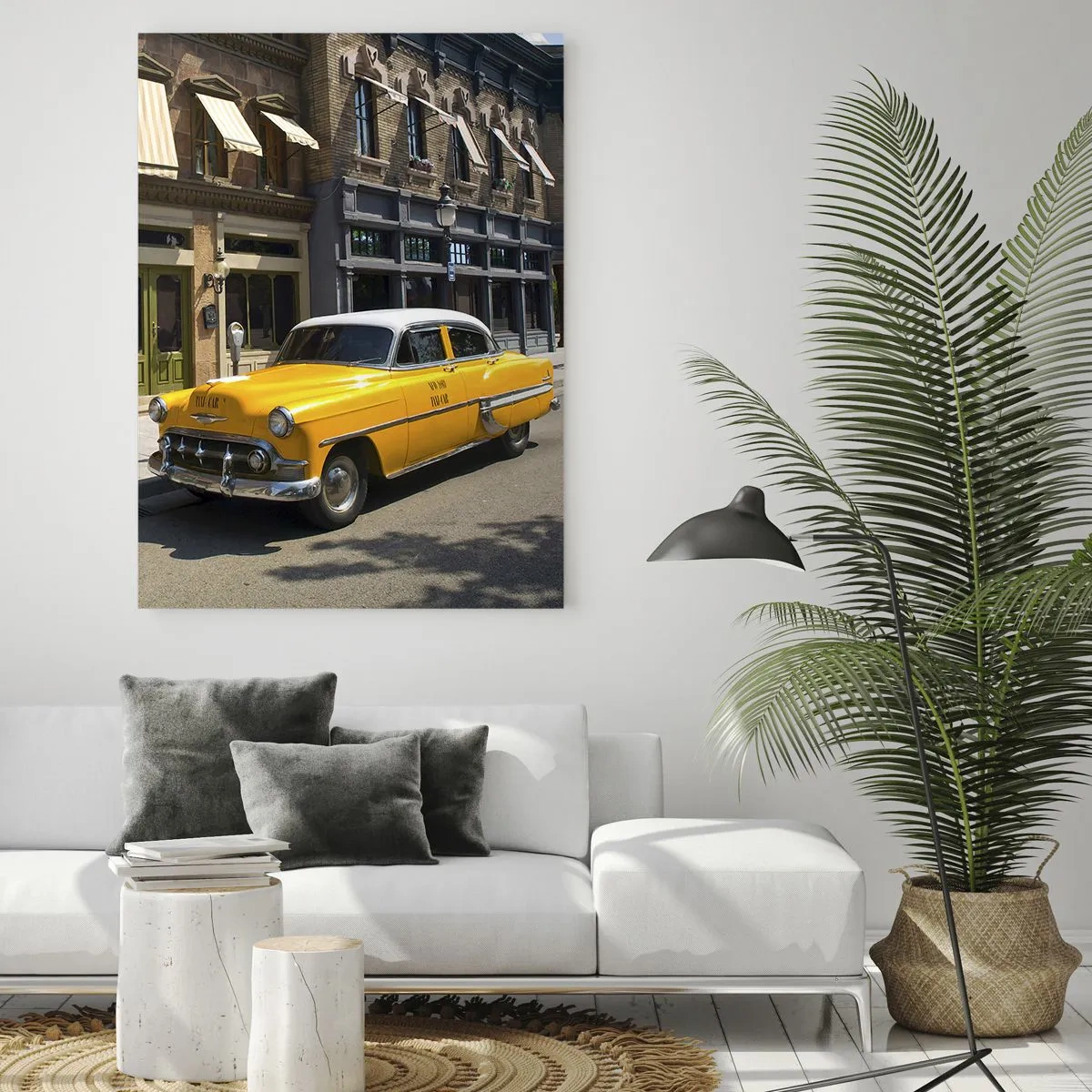 Quadro su vetro - Un taxi giallo sullo sfondo di un classico condominio - 50x70cm - Tanto tempo fa in America - Decorazione murale moderna per soggiorno e camera da letto ARTTOR