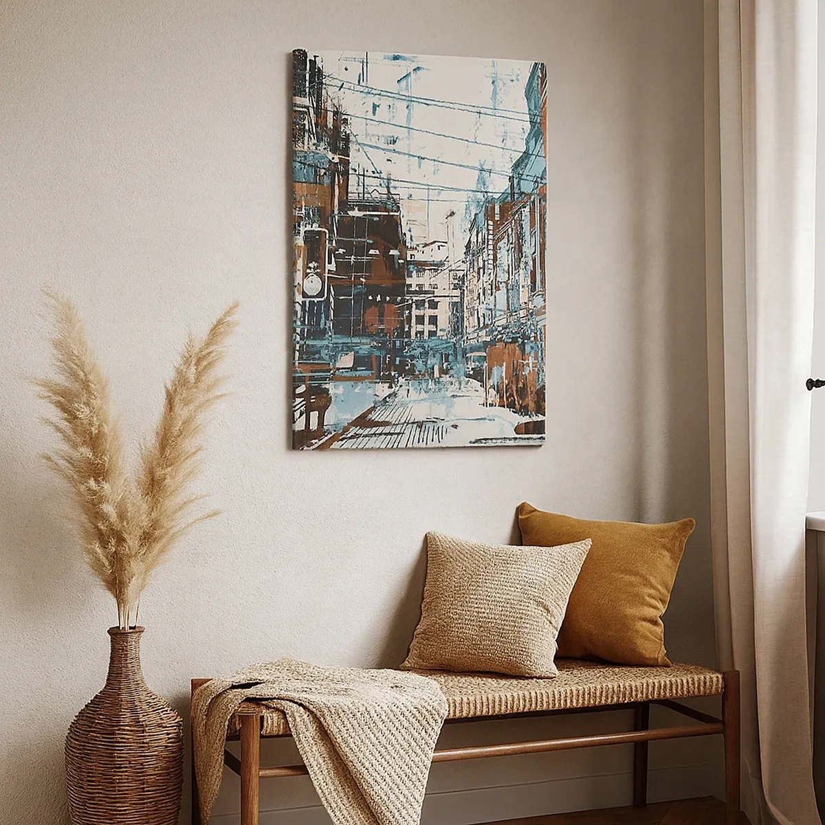 Quadro su tela - Stampe su Tela - Un paesaggio urbano nei toni del blu e dell'arancione - 50x70cm - Percorso cittadino consueto - Decorazione murale moderna per soggiorno e camera da letto ARTTOR