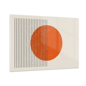 Quadro su vetro - Composizione geometrica con cerchio arancione e linee - 100x70cm - Sempre il sole - Decorazione murale moderna per soggiorno e camera da letto ARTTOR