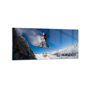 Quadro su vetro - Uno snowboarder salta da una roccia contro un paesaggio montano - 120x50cm - E diventi parte del panorama - Decorazione murale moderna per soggiorno e camera da letto ARTTOR