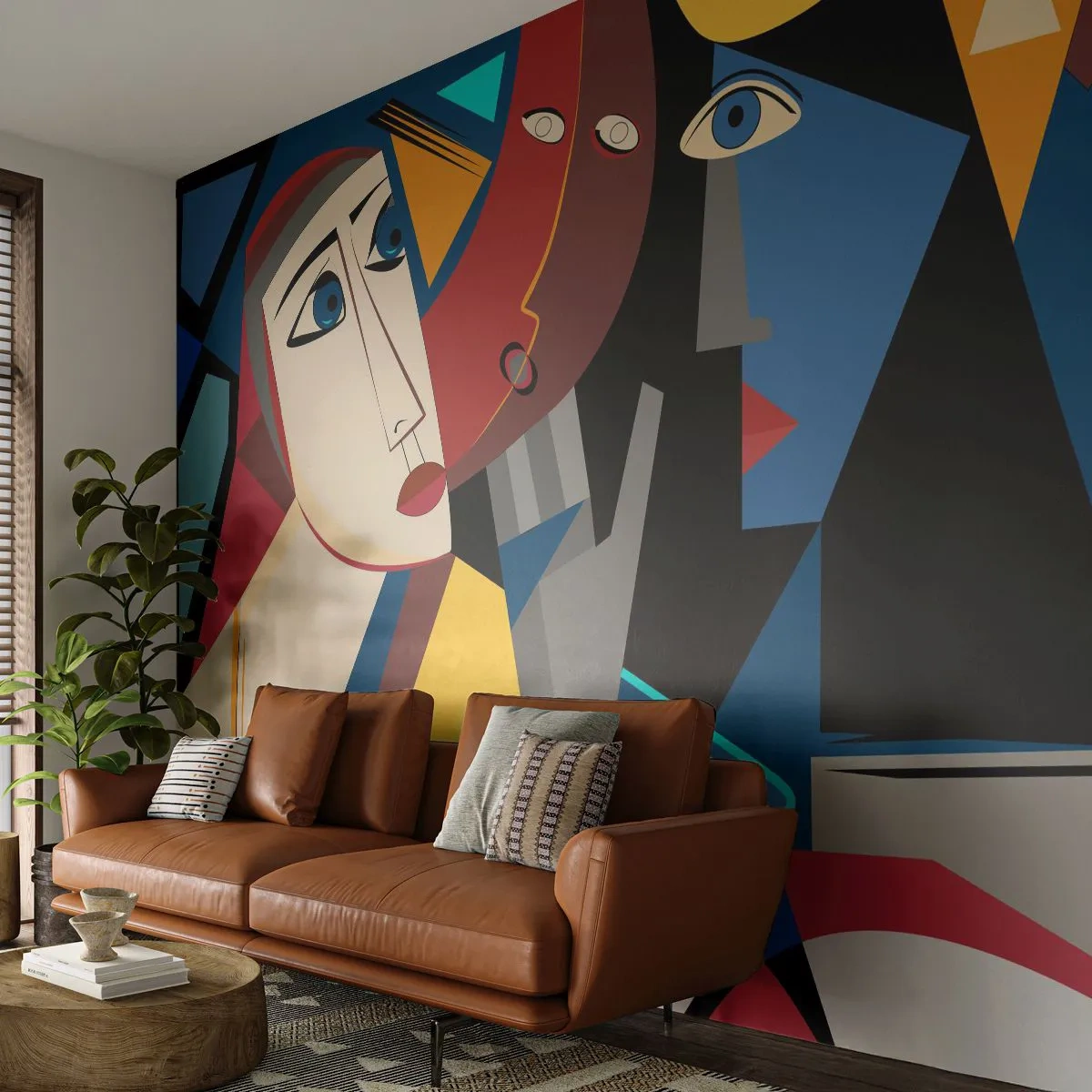 Fotomurali Standard Eco - Volti cubisti in conversazione su uno sfondo di forme geometriche - 100x70cm - Dialogo di cubisti - Decorazione murale moderna per soggiorno e camera da letto ARTTOR