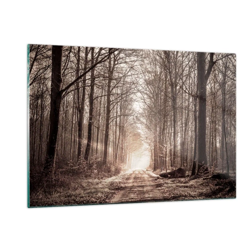 Quadro su vetro - Strada forestale nella nebbia mattutina - 120x80cm - La cattedrale del bosco - Decorazione murale moderna per soggiorno e camera da letto ARTTOR