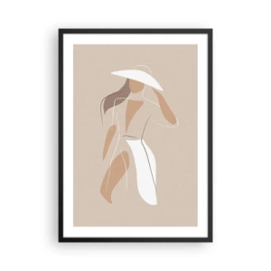 Poster in cornice nera - Una silhouette minimalista di una donna con un cappello su uno sfondo beige. - 50x70cm - La moda è un gioco - Decorazione murale moderna per soggiorno e camera da letto ARTTOR