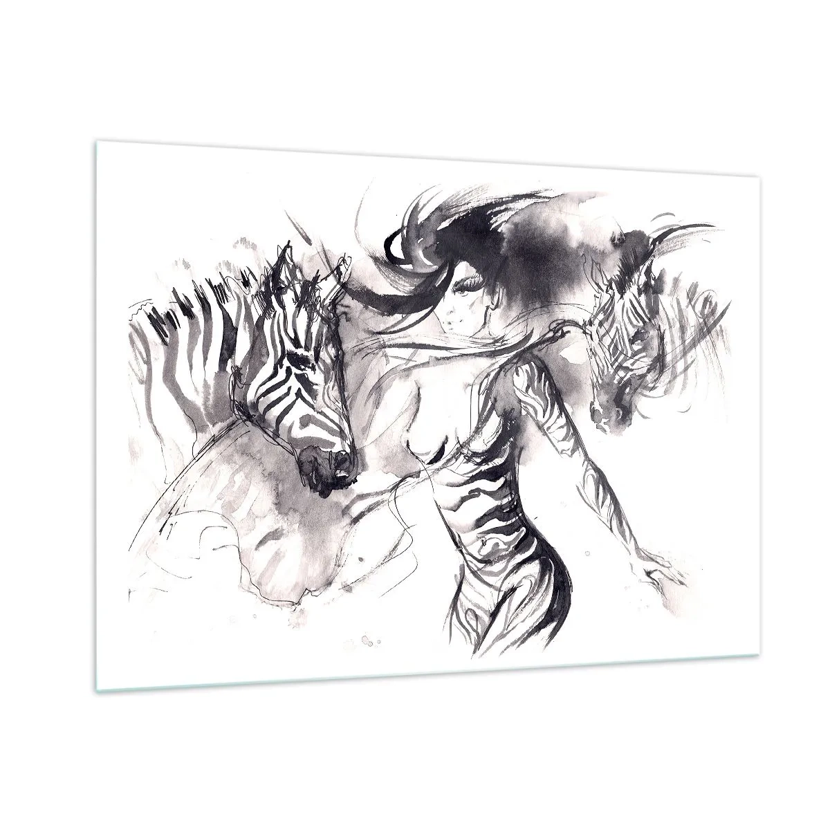 Quadro su vetro - Composizione in bianco e nero con una donna e una zebra in stile artistico - 100x70cm - Ballando con le zebre - Decorazione murale moderna per soggiorno e camera da letto ARTTOR