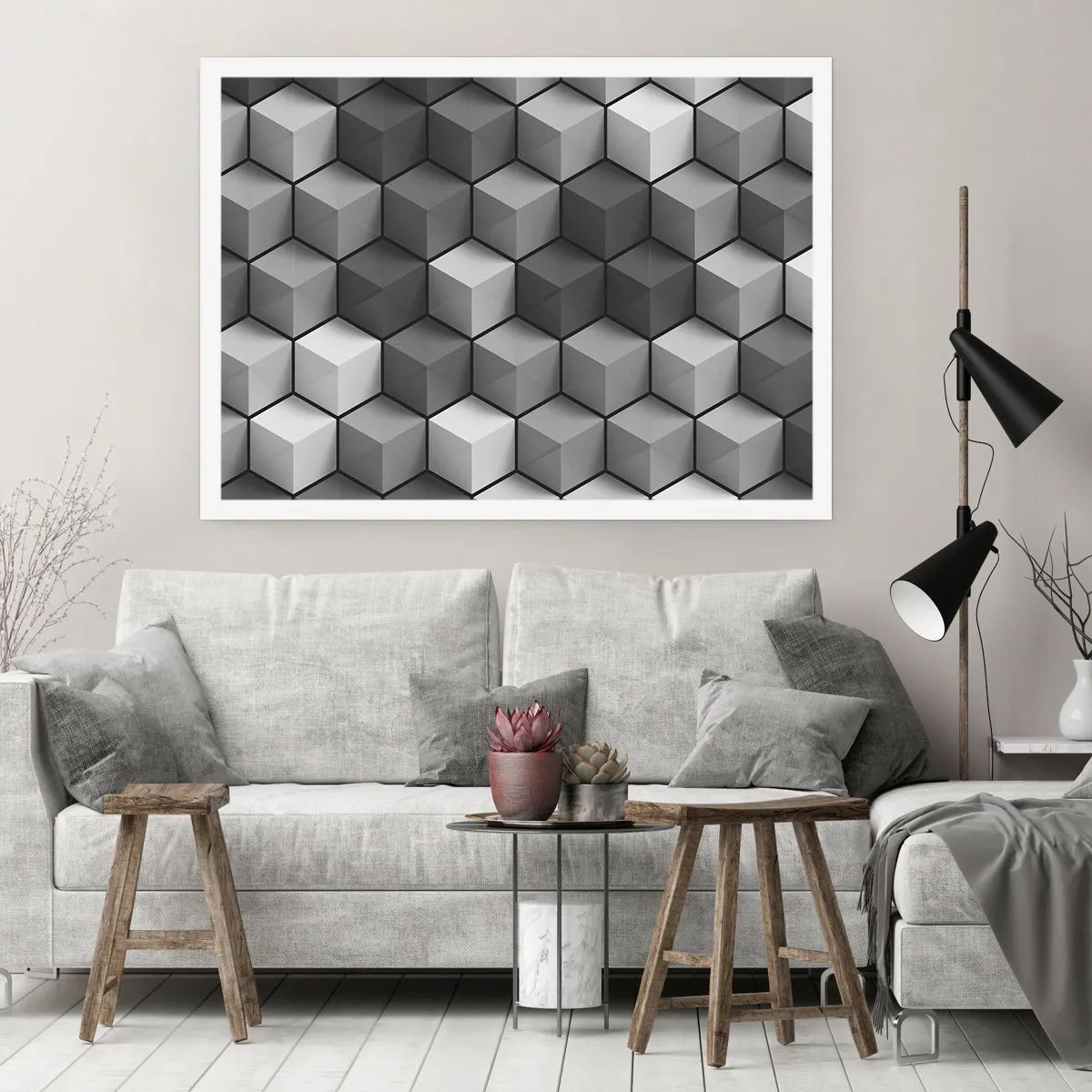 Poster - Composizione geometrica di cubi nelle tonalità del grigio e del nero - 100x70cm - Puzzle cubista - Decorazione murale moderna per soggiorno e camera da letto ARTTOR