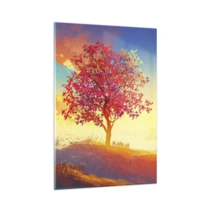Quadro su vetro - Una figura su una collina accanto a un albero colorato alla luce del sole al tramonto - 80x120cm - Pellegrino alla meta - Decorazione murale moderna per soggiorno e camera da letto ARTTOR