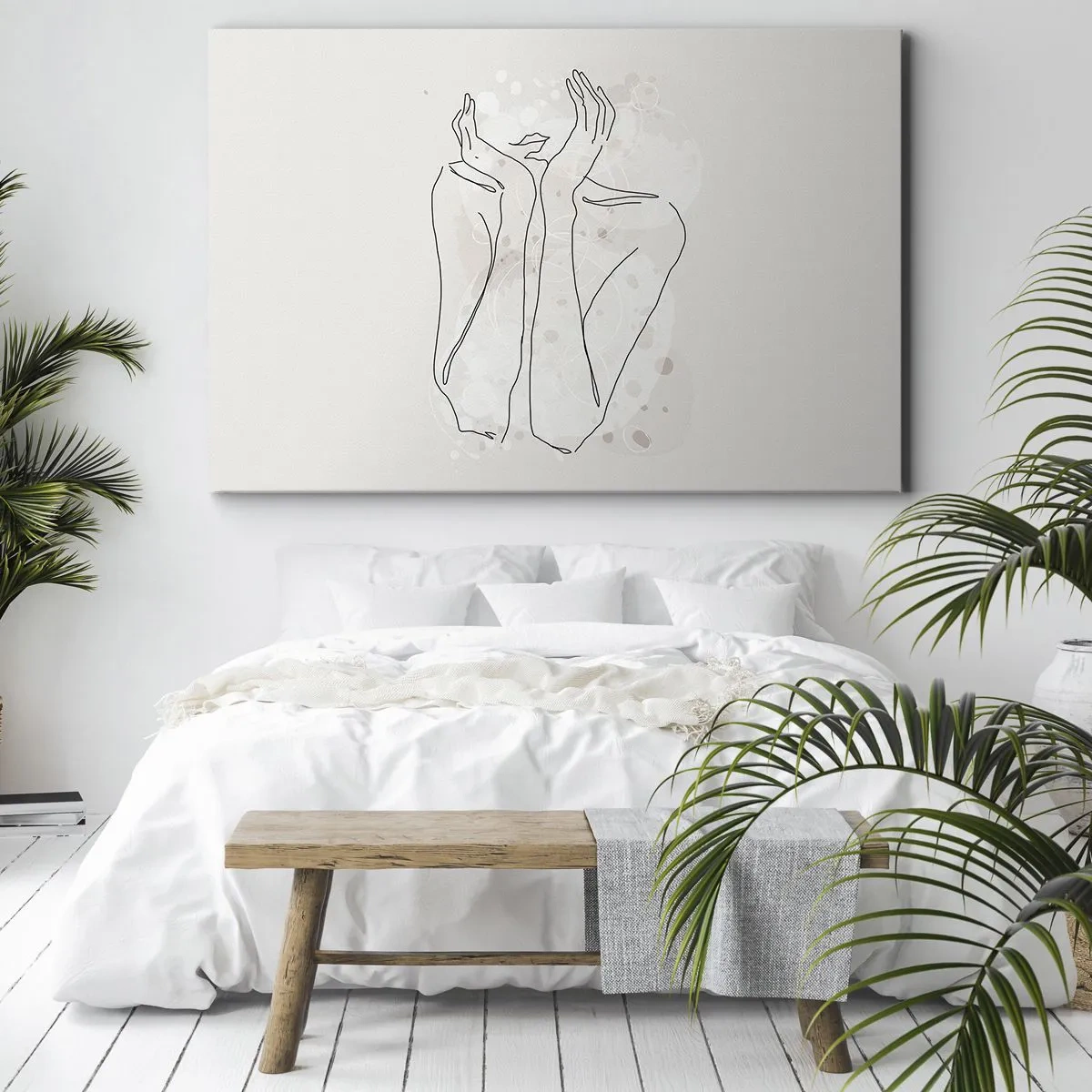Quadro su tela - Stampe su Tela - Linea di contorno che mostra le mani della donna su uno sfondo chiaro - 70x50cm - Attimo sognante - Decorazione murale moderna per soggiorno e camera da letto ARTTOR