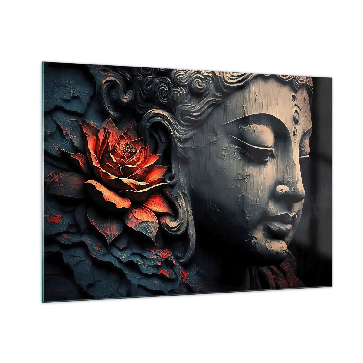 Quadro su vetro - Profilo di una figura in meditazione con un fiore rosso su uno sfondo scuro. - 100x70cm - In armonia con il mondo - Decorazione murale moderna per soggiorno e camera da letto ARTTOR