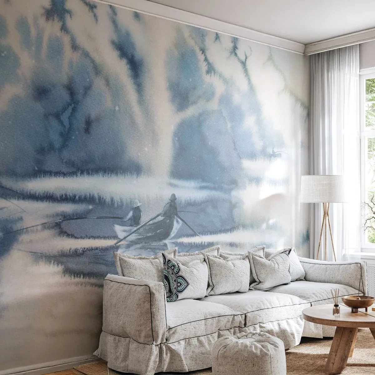 Fotomurali Premium Canvas - Paesaggio ad acquerello con barche su un lago circondato da una foresta nebbiosa - 100x70cm - I pescatori nel loro paradiso - Decorazione murale moderna per soggiorno e camera da letto ARTTOR