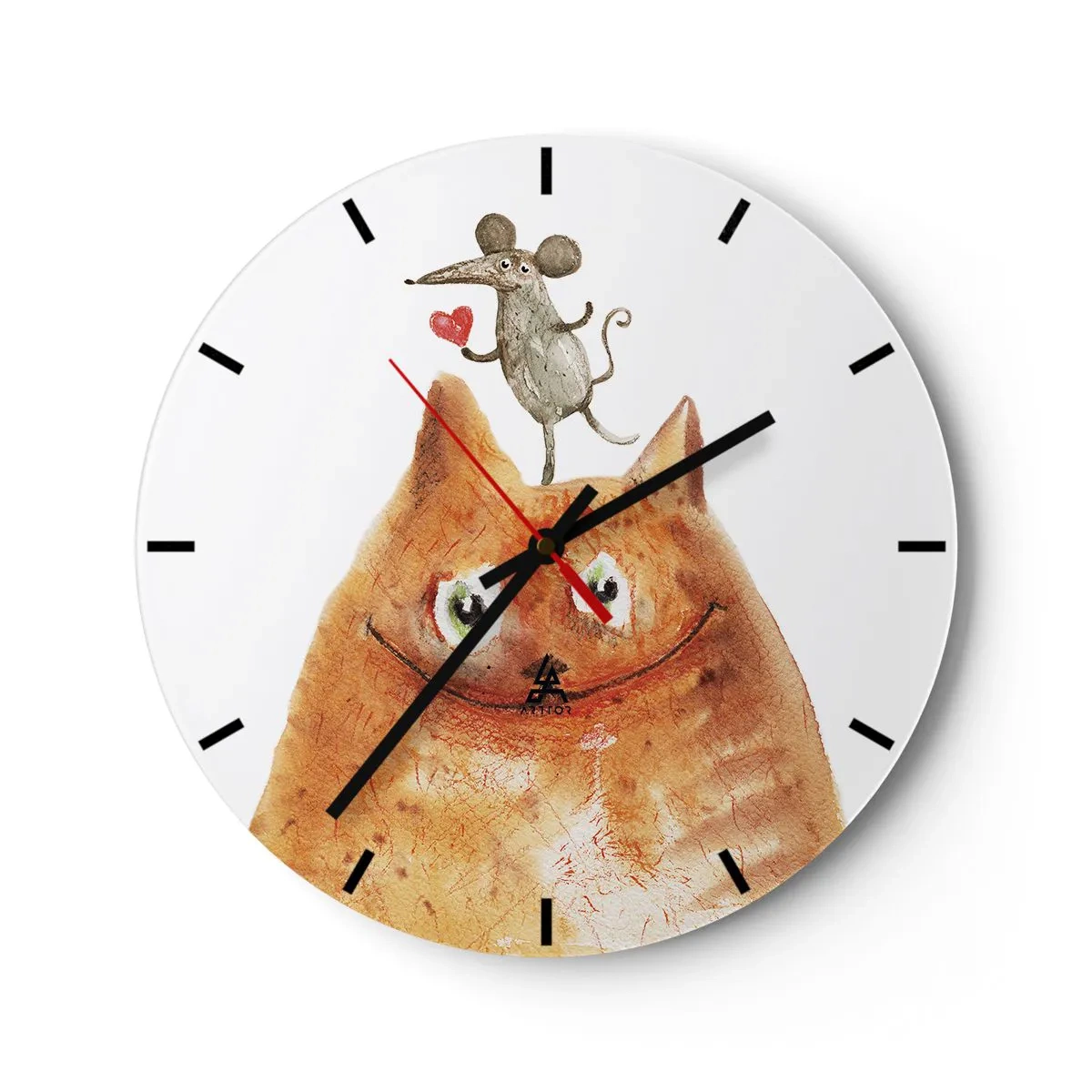 Orologio da parete - Orologio in Vetro - Illustrazione di un gatto e un topo con un cuore in stile umoristico - 30x30cm - I paradossi dell'amore - Decorazione murale moderna per soggiorno, cucina e camera da letto ARTTOR