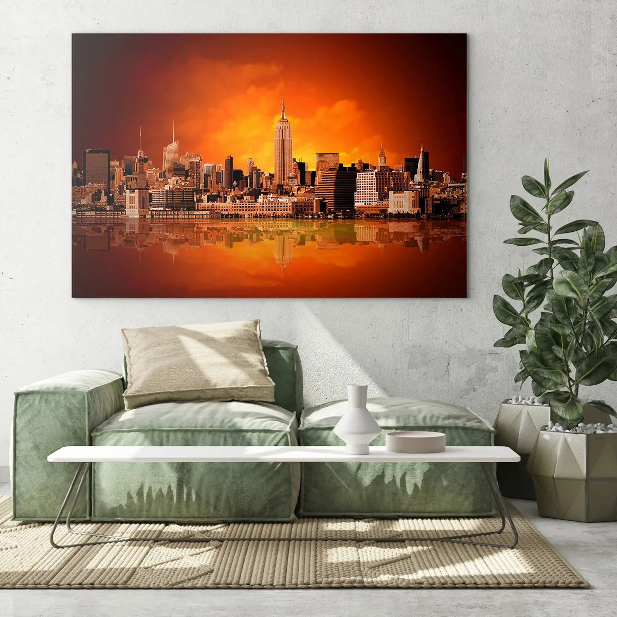 Quadro su vetro - Panorama della città al tramonto - 70x50cm - Panorama di grande città in giallo e marrone - Decorazione murale moderna per soggiorno e camera da letto ARTTOR