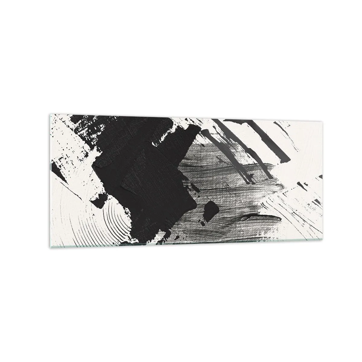 Quadro su vetro - Pennellate astratte di nero su sfondo bianco - 120x50cm - Astrazione: espressione di nero - Decorazione murale moderna per soggiorno e camera da letto ARTTOR